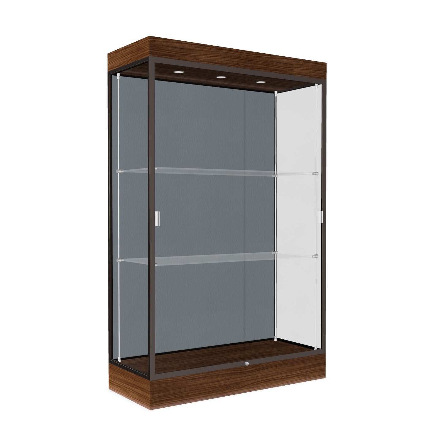 Ghent Edge Floor Display Case Lighted 6"H Laminate Base Finish, Aluminum Frame - 76"H x 48"W x 20"D (92LFXX)