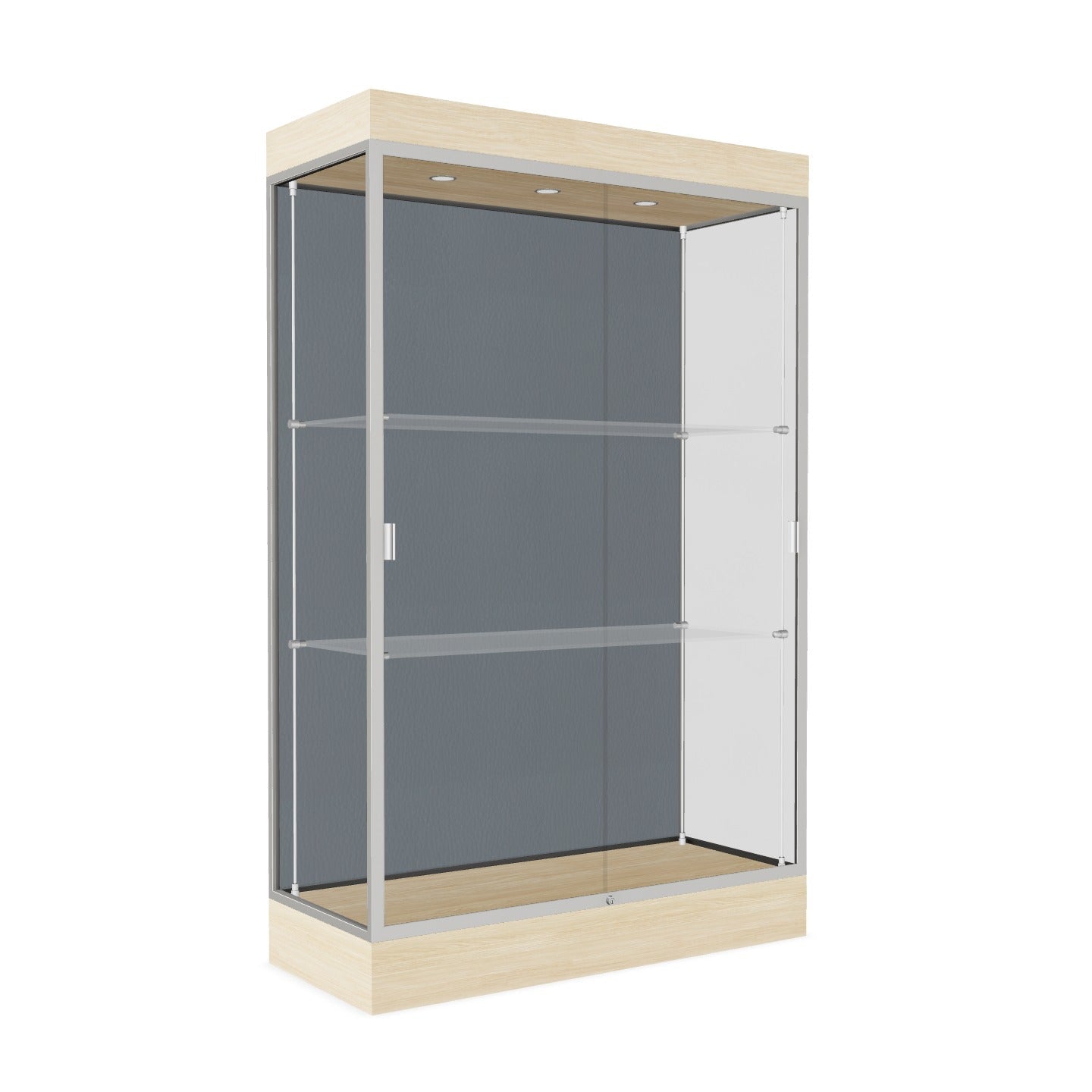 Ghent Edge Floor Display Case Lighted 6"H Laminate Base Finish, Aluminum Frame - 76"H x 48"W x 20"D (92LFXX)