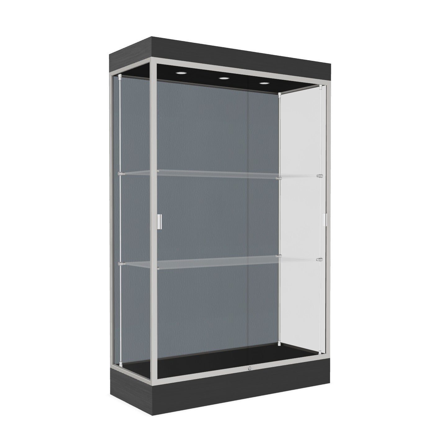 Ghent Edge Floor Display Case Lighted 6"H Laminate Base Finish, Aluminum Frame - 76"H x 48"W x 20"D (92LFXX)