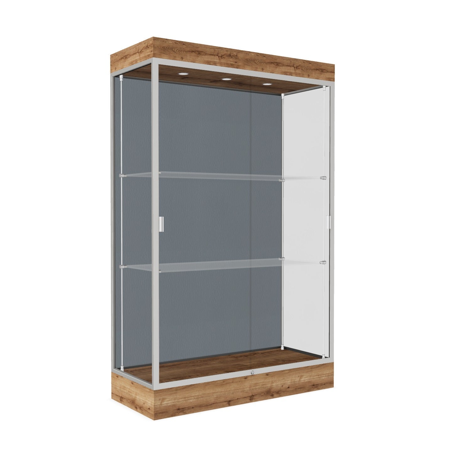 Ghent Edge Floor Display Case Lighted 6"H Laminate Base Finish, Aluminum Frame - 76"H x 48"W x 20"D (92LFXX)