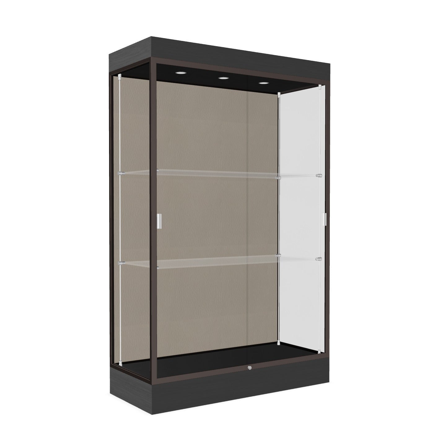 Ghent Edge Floor Display Case Lighted 6"H Laminate Base Finish, Aluminum Frame - 76"H x 48"W x 20"D (92LFXX)