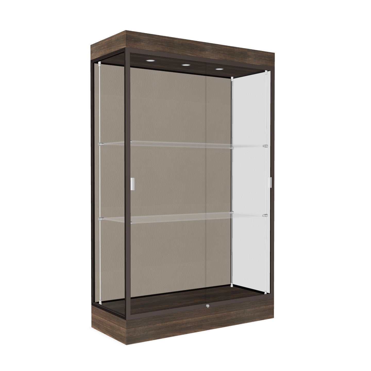 Ghent Edge Floor Display Case Lighted 6"H Laminate Base Finish, Aluminum Frame - 76"H x 48"W x 20"D (92LFXX)