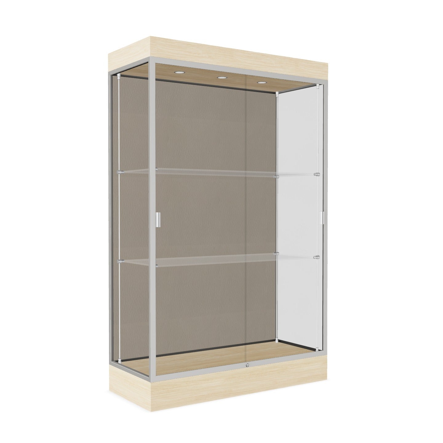 Ghent Edge Floor Display Case Lighted 6"H Laminate Base Finish, Aluminum Frame - 76"H x 48"W x 20"D (92LFXX)