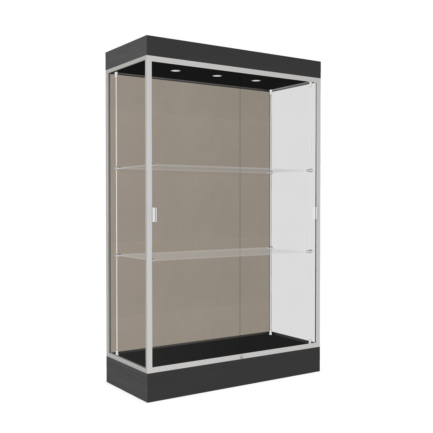 Ghent Edge Floor Display Case Lighted 6"H Laminate Base Finish, Aluminum Frame - 76"H x 48"W x 20"D (92LFXX)