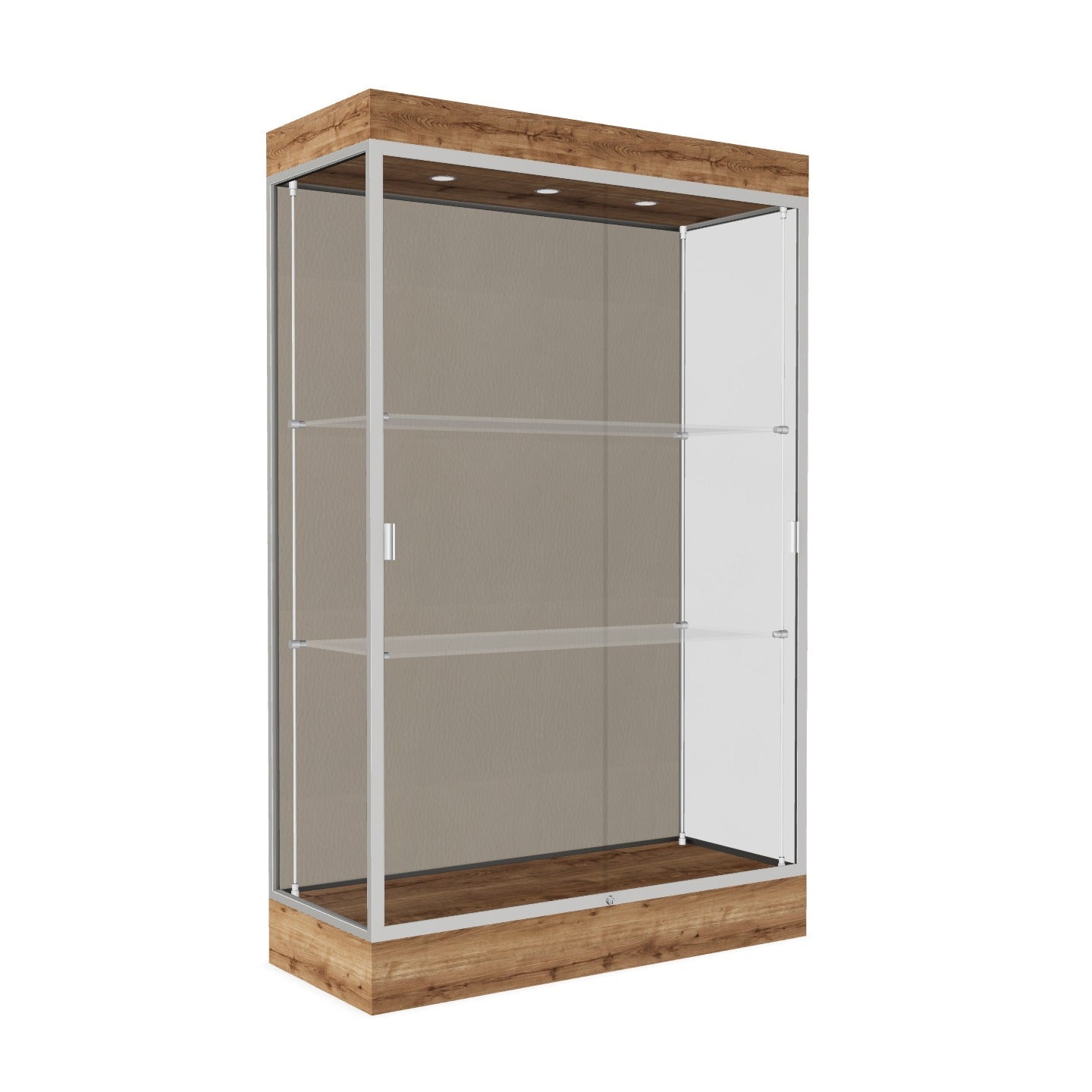 Ghent Edge Floor Display Case Lighted 6"H Laminate Base Finish, Aluminum Frame - 76"H x 48"W x 20"D (92LFXX)