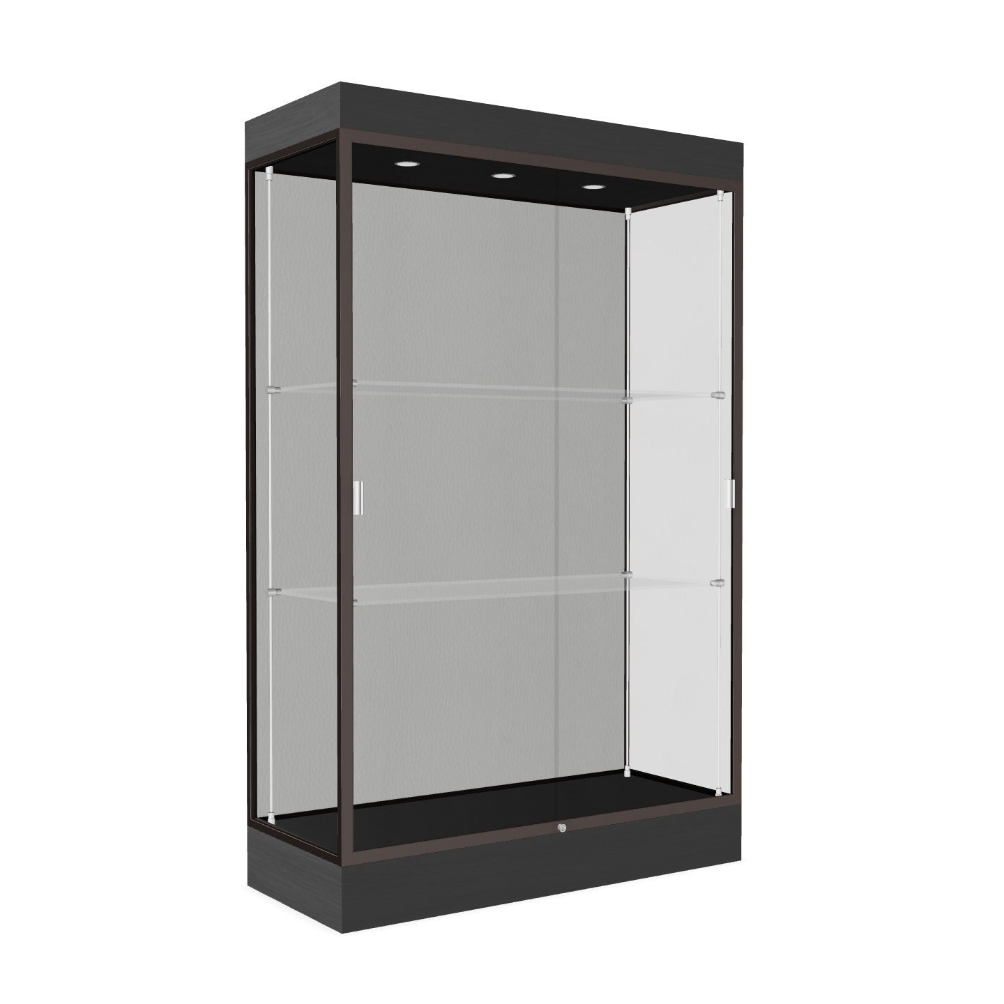Ghent Edge Floor Display Case Lighted 6"H Laminate Base Finish, Aluminum Frame - 76"H x 48"W x 20"D (92LFXX)