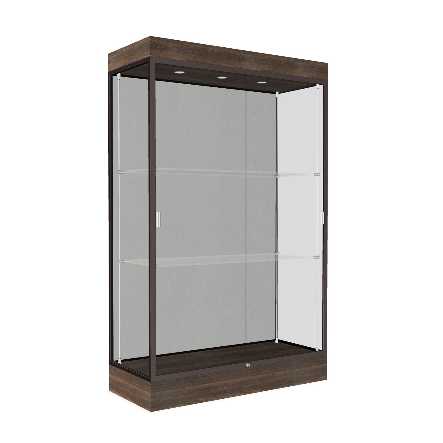 Ghent Edge Floor Display Case Lighted 6"H Laminate Base Finish, Aluminum Frame - 76"H x 48"W x 20"D (92LFXX)