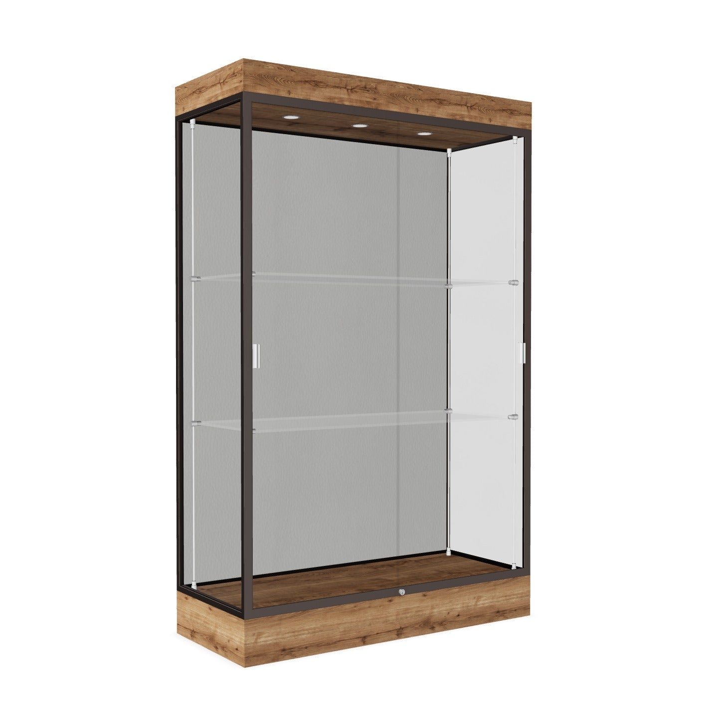 Ghent Edge Floor Display Case Lighted 6"H Laminate Base Finish, Aluminum Frame - 76"H x 48"W x 20"D (92LFXX)