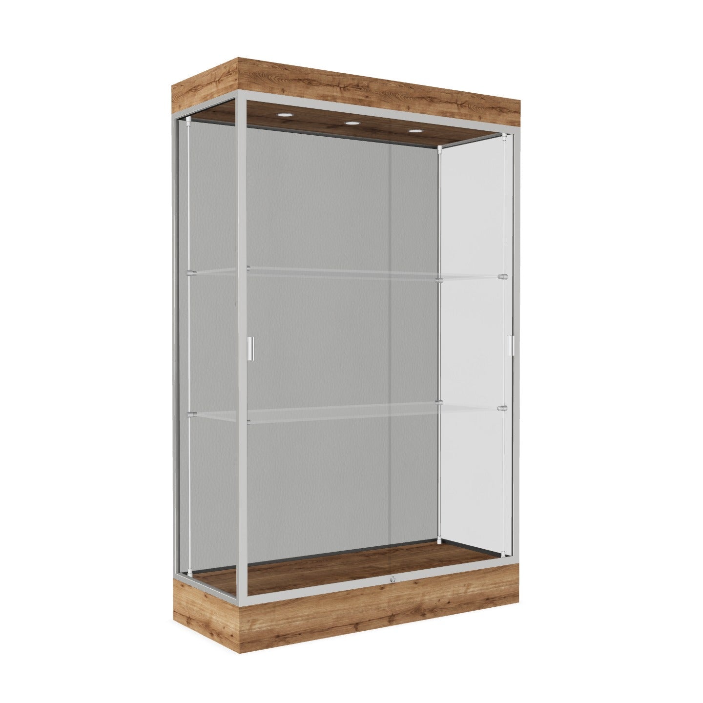 Ghent Edge Floor Display Case Lighted 6"H Laminate Base Finish, Aluminum Frame - 76"H x 48"W x 20"D (92LFXX)