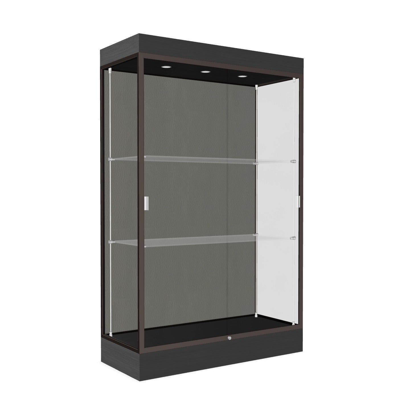 Ghent Edge Floor Display Case Lighted 6"H Laminate Base Finish, Aluminum Frame - 76"H x 48"W x 20"D (92LFXX)