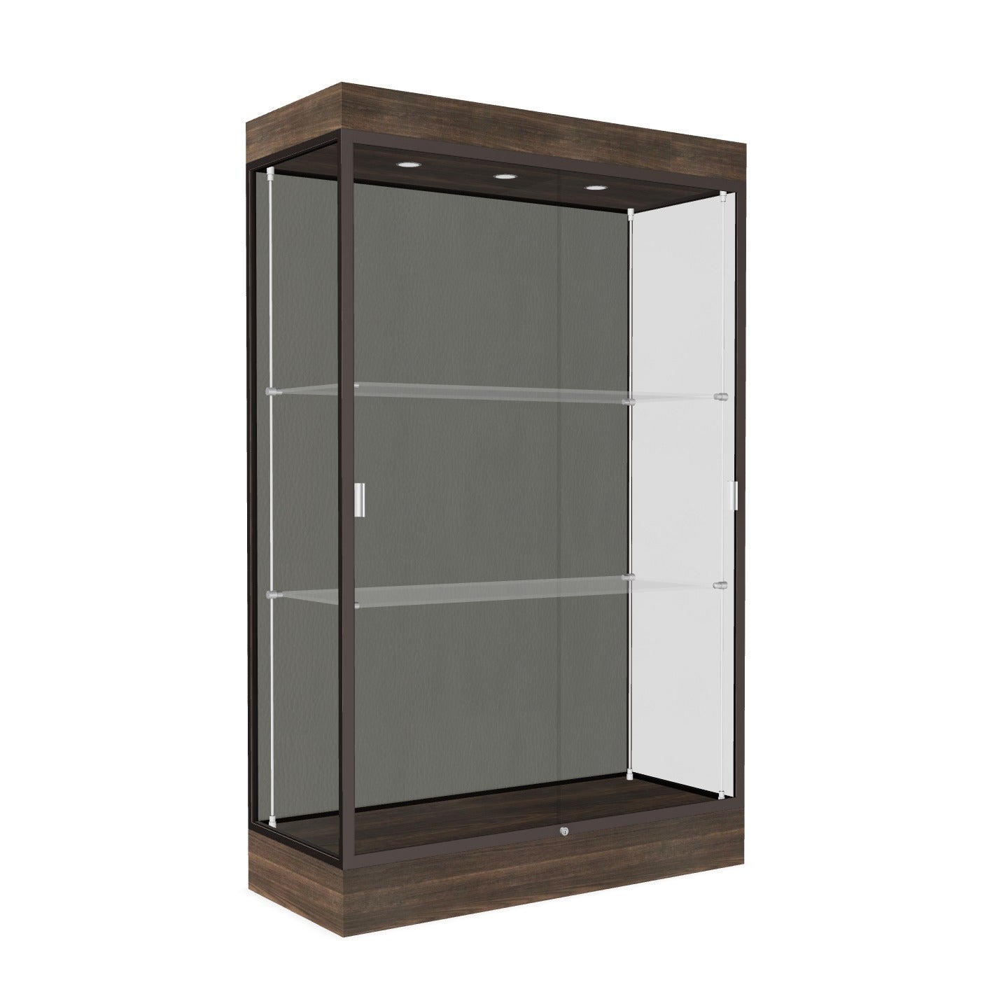 Ghent Edge Floor Display Case Lighted 6"H Laminate Base Finish, Aluminum Frame - 76"H x 48"W x 20"D (92LFXX)