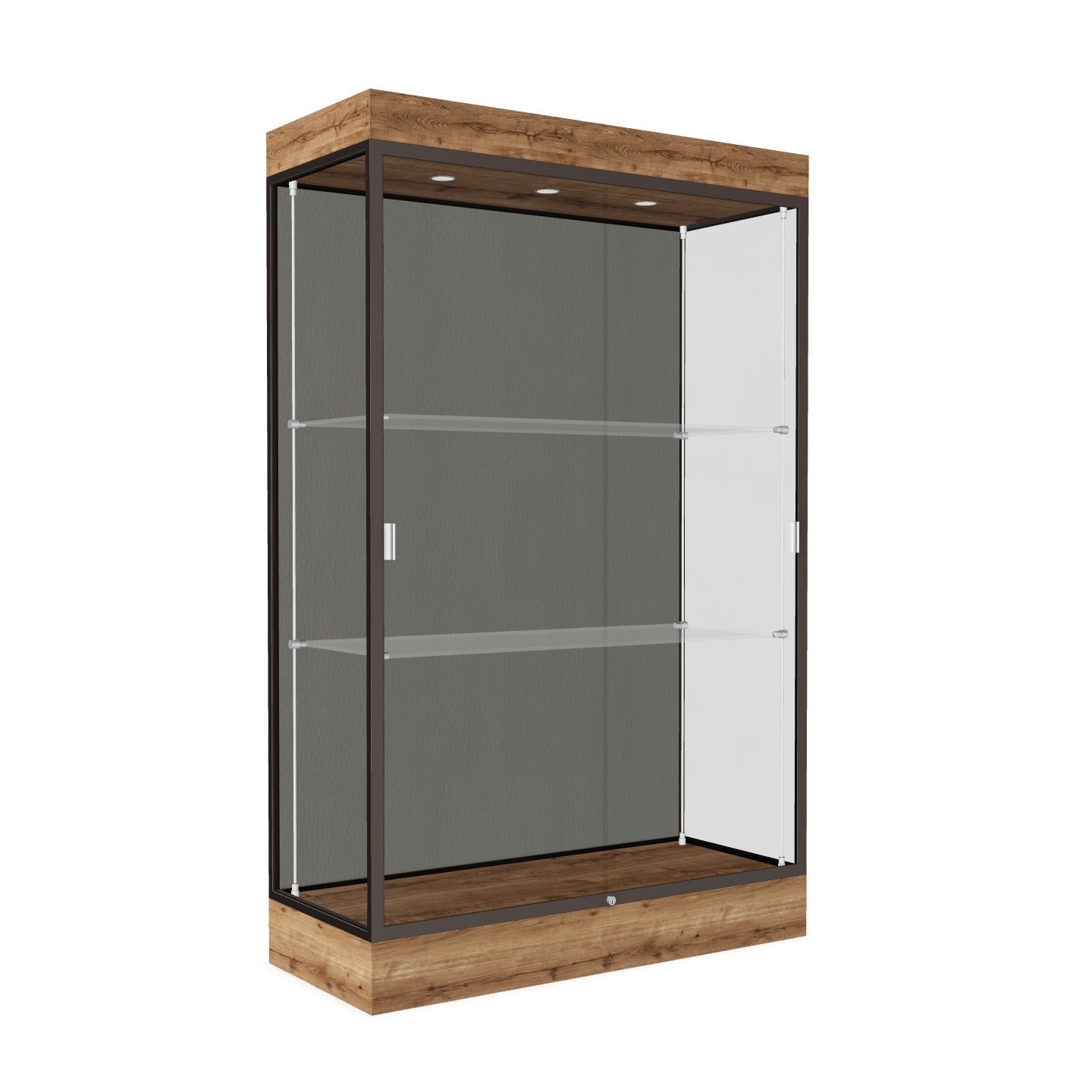 Ghent Edge Floor Display Case Lighted 6"H Laminate Base Finish, Aluminum Frame - 76"H x 48"W x 20"D (92LFXX)
