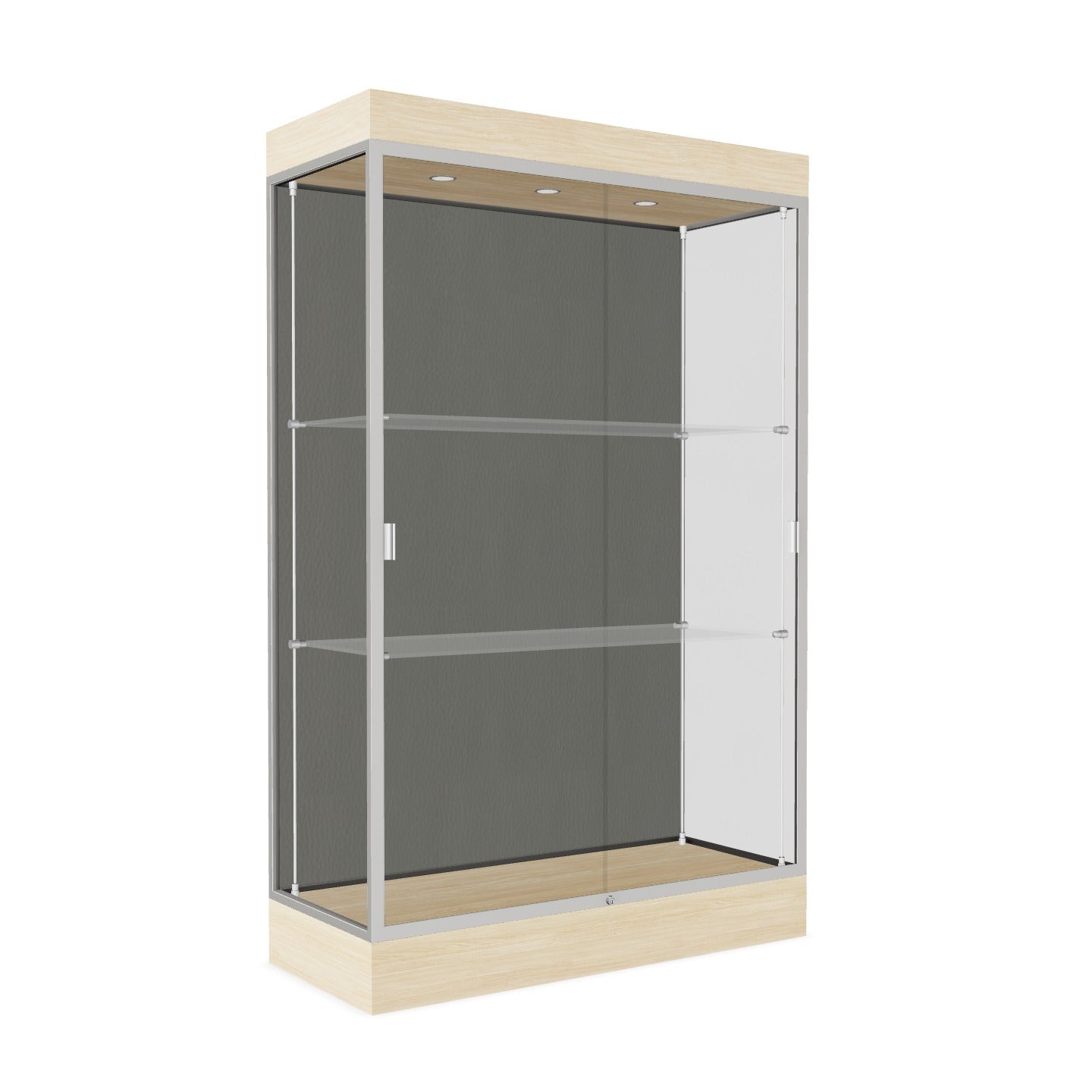 Ghent Edge Floor Display Case Lighted 6"H Laminate Base Finish, Aluminum Frame - 76"H x 48"W x 20"D (92LFXX)