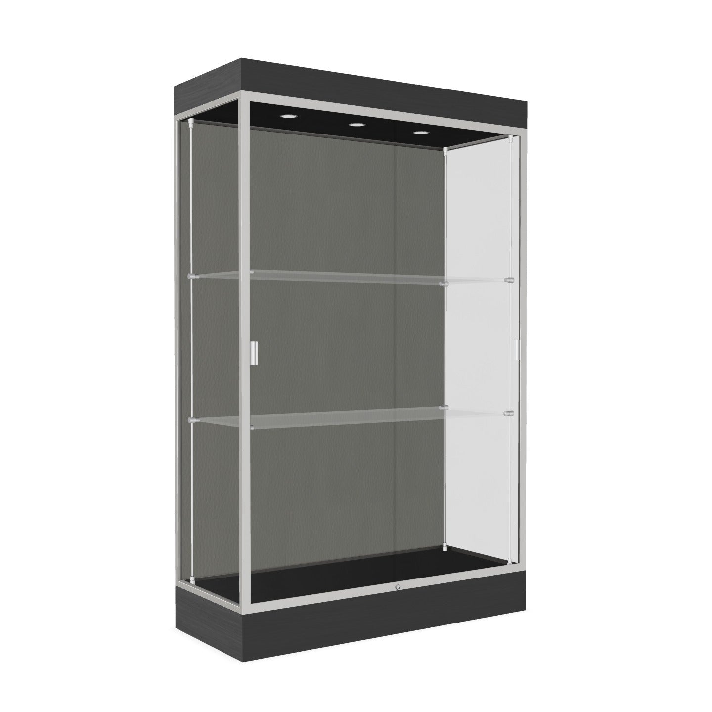 Ghent Edge Floor Display Case Lighted 6"H Laminate Base Finish, Aluminum Frame - 76"H x 48"W x 20"D (92LFXX)