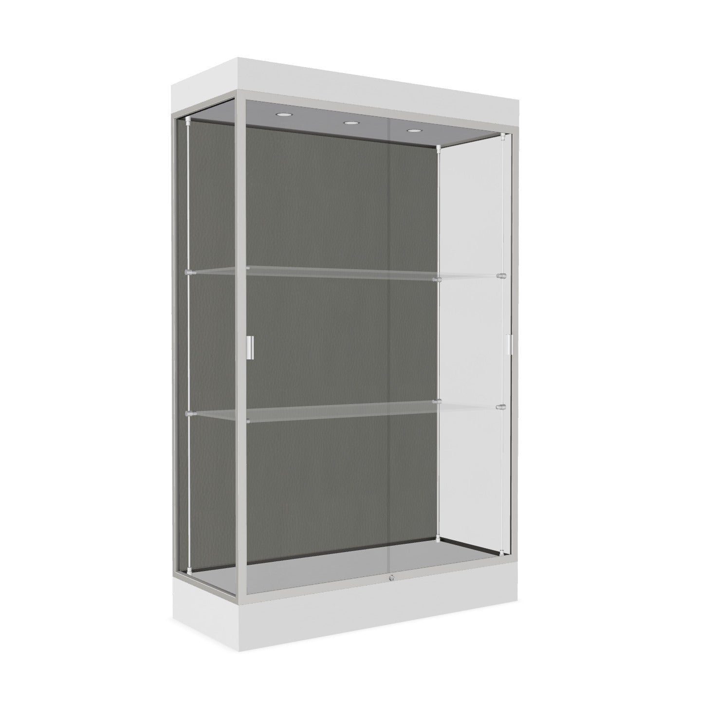 Ghent Edge Floor Display Case Lighted 6"H Laminate Base Finish, Aluminum Frame - 76"H x 48"W x 20"D (92LFXX)