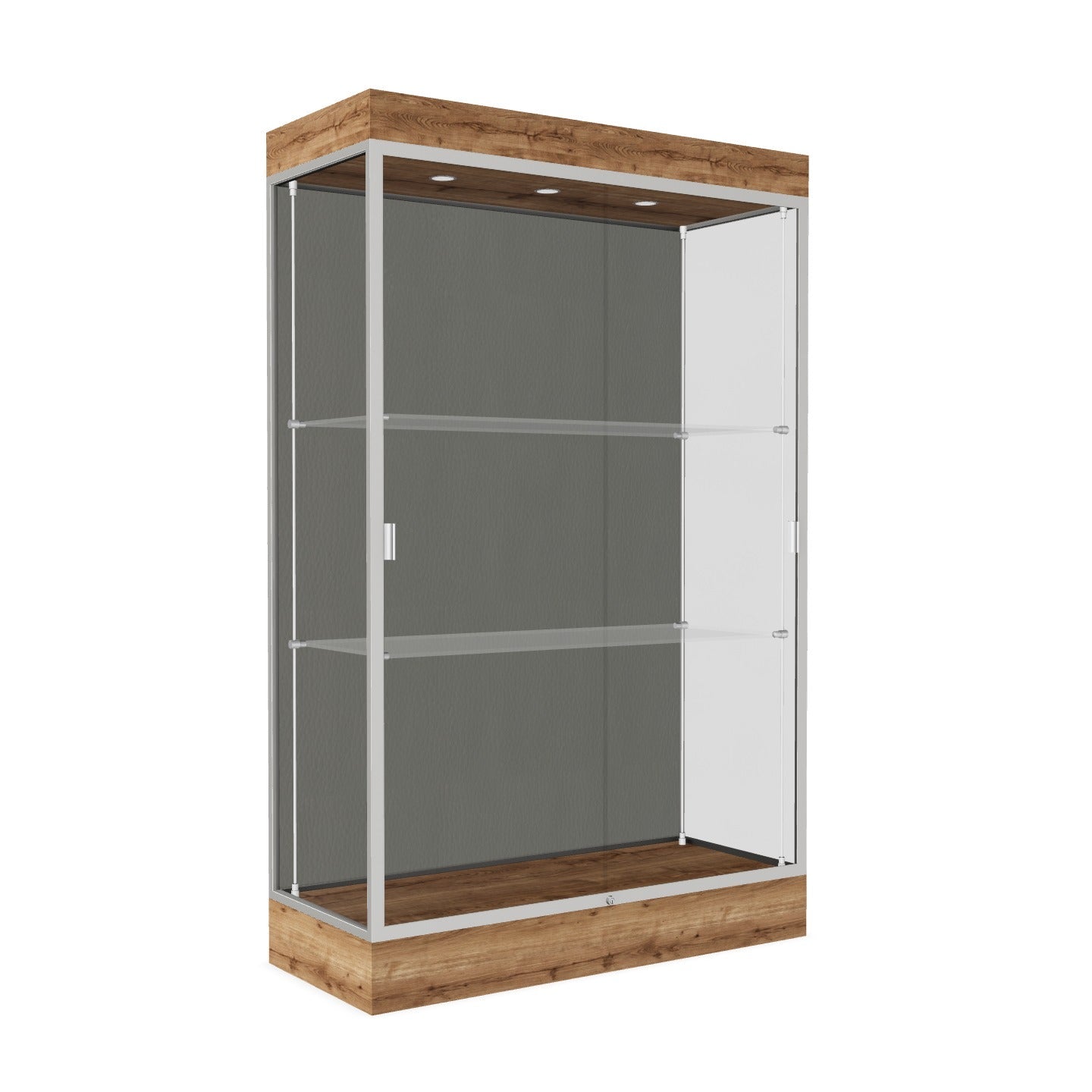 Ghent Edge Floor Display Case Lighted 6"H Laminate Base Finish, Aluminum Frame - 76"H x 48"W x 20"D (92LFXX)