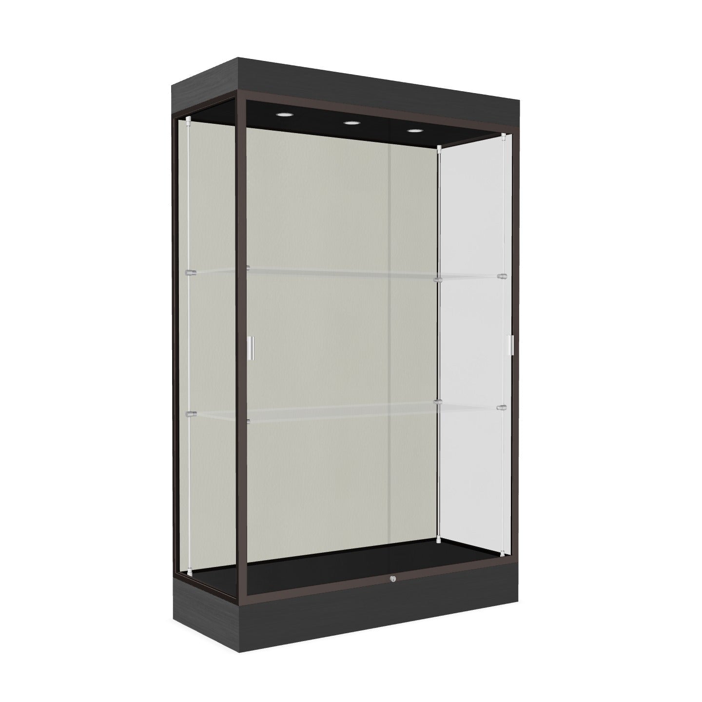 Ghent Edge Floor Display Case Lighted 6"H Laminate Base Finish, Aluminum Frame - 76"H x 48"W x 20"D (92LFXX)