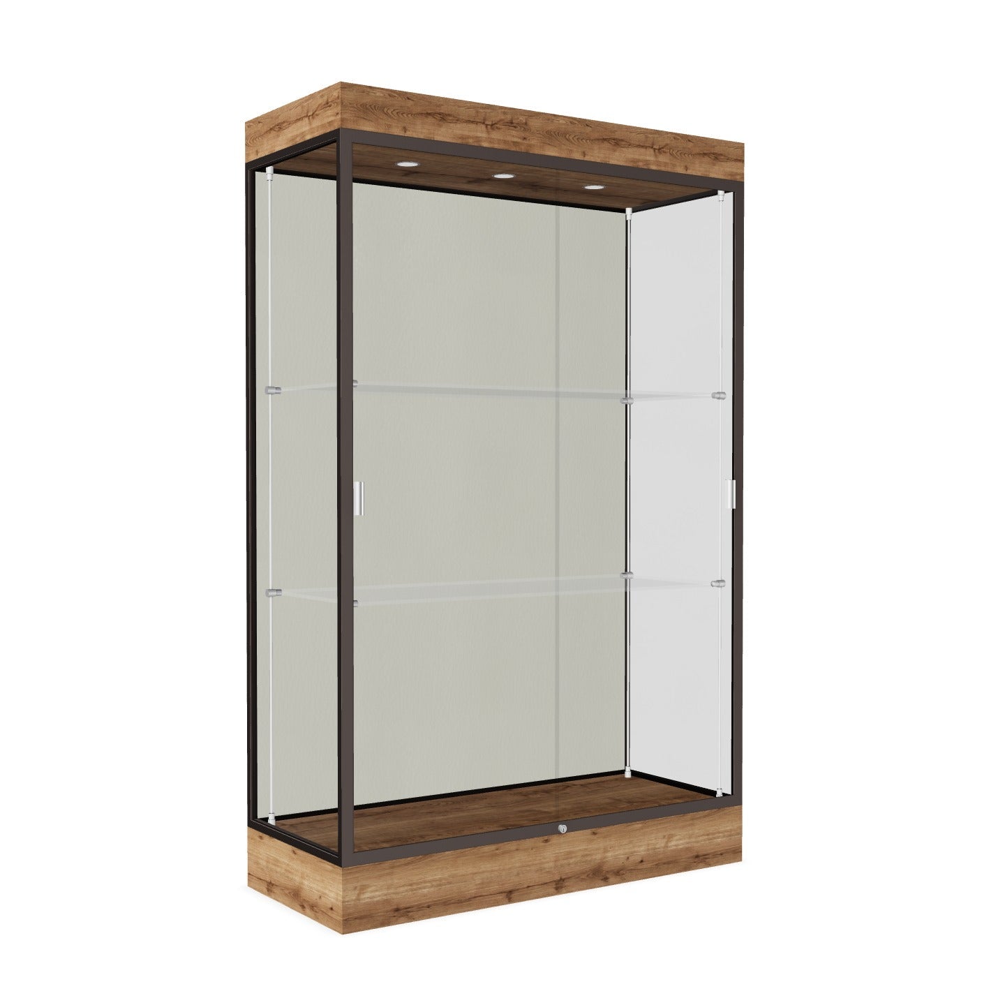 Ghent Edge Floor Display Case Lighted 6"H Laminate Base Finish, Aluminum Frame - 76"H x 48"W x 20"D (92LFXX)