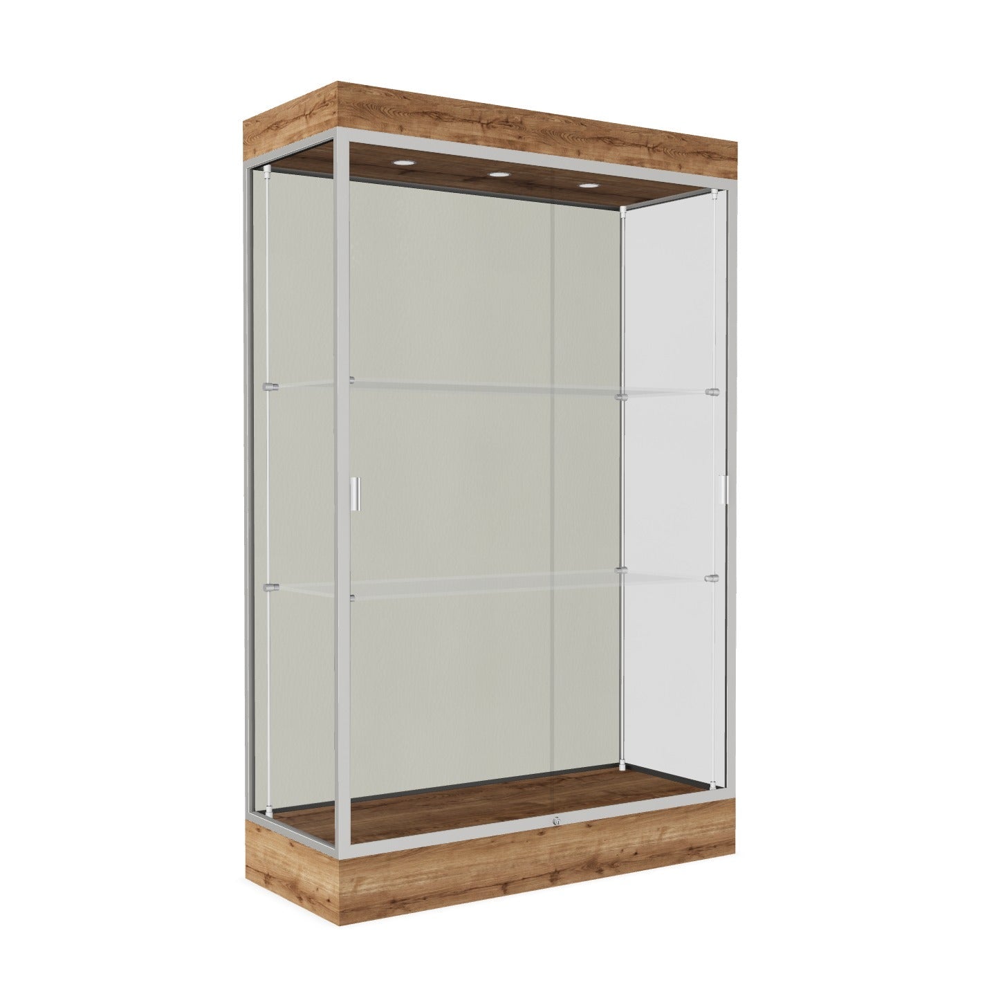 Ghent Edge Floor Display Case Lighted 6"H Laminate Base Finish, Aluminum Frame - 76"H x 48"W x 20"D (92LFXX)