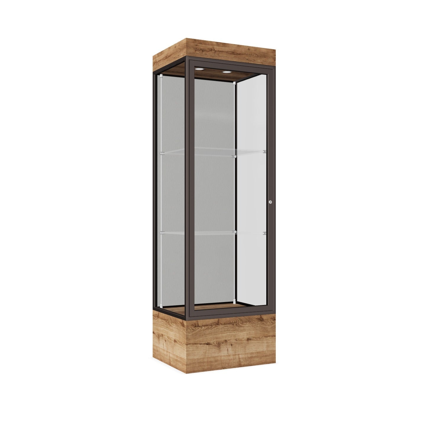 Ghent Edge Floor Display Case Lighted 12"H Laminate Base Finish, Aluminum Frame - 76"H x 24"W x 20"D (93LFXX)