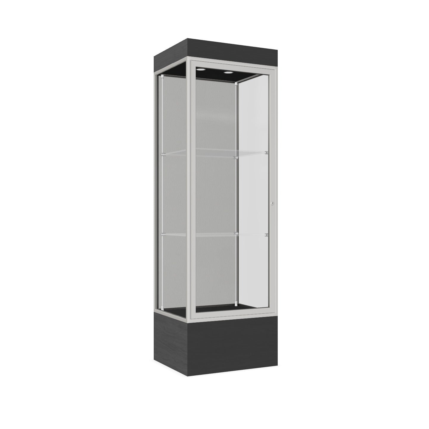 Ghent Edge Floor Display Case Lighted 12"H Laminate Base Finish, Aluminum Frame - 76"H x 24"W x 20"D (93LFXX)