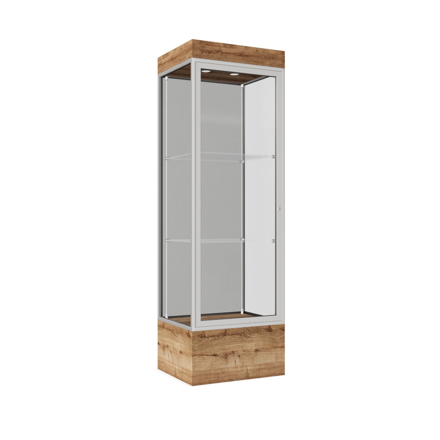 Ghent Edge Floor Display Case Lighted 12"H Laminate Base Finish, Aluminum Frame - 76"H x 24"W x 20"D (93LFXX)