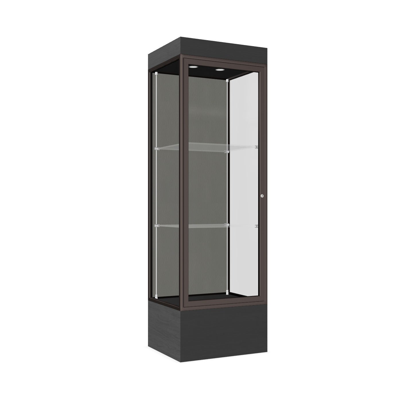 Ghent Edge Floor Display Case Lighted 12"H Laminate Base Finish, Aluminum Frame - 76"H x 24"W x 20"D (93LFXX)