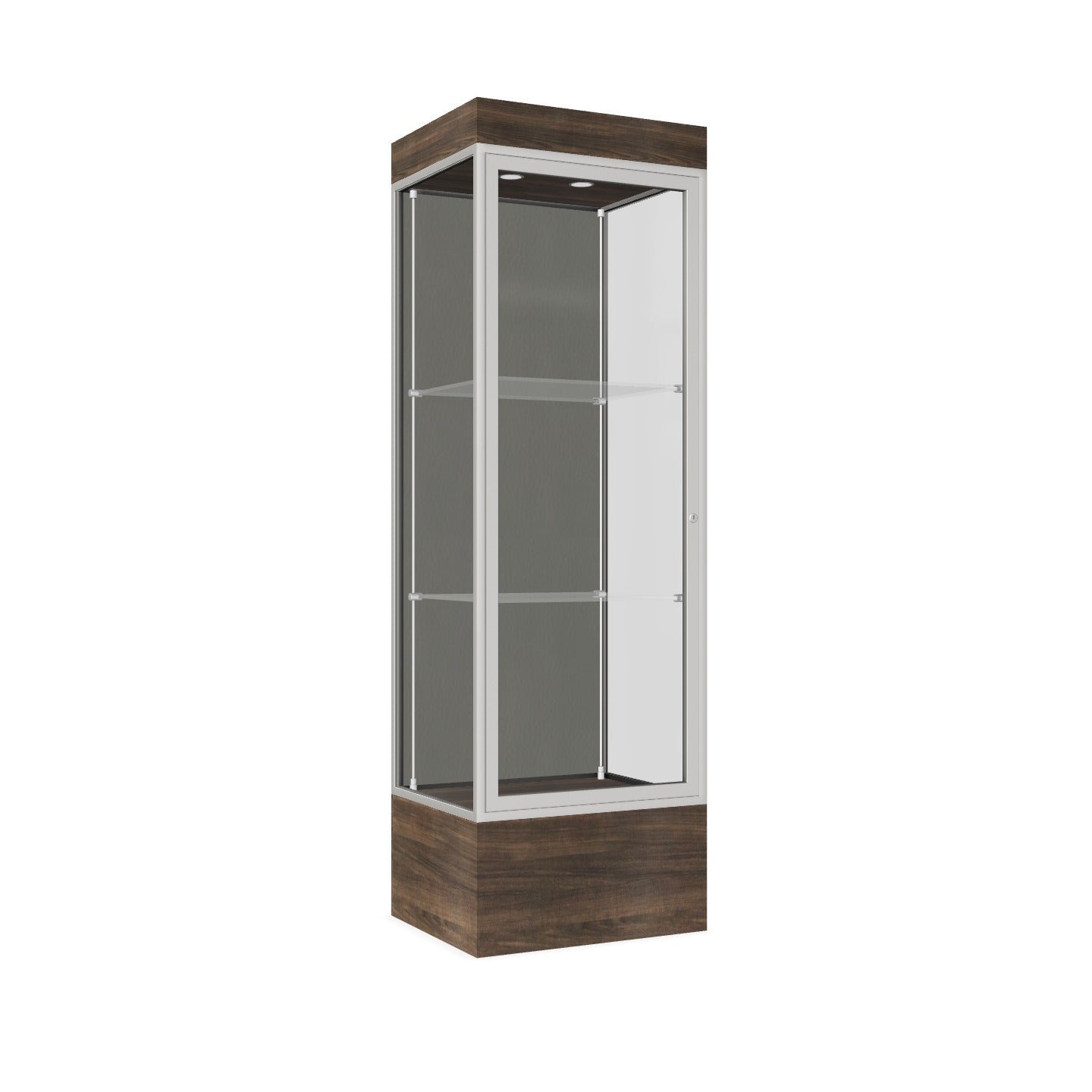Ghent Edge Floor Display Case Lighted 12"H Laminate Base Finish, Aluminum Frame - 76"H x 24"W x 20"D (93LFXX)