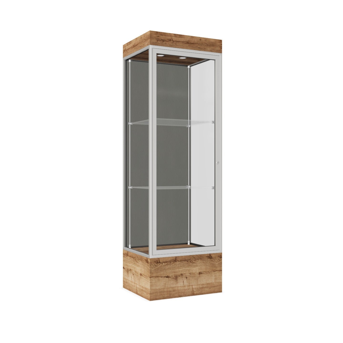 Ghent Edge Floor Display Case Lighted 12"H Laminate Base Finish, Aluminum Frame - 76"H x 24"W x 20"D (93LFXX)