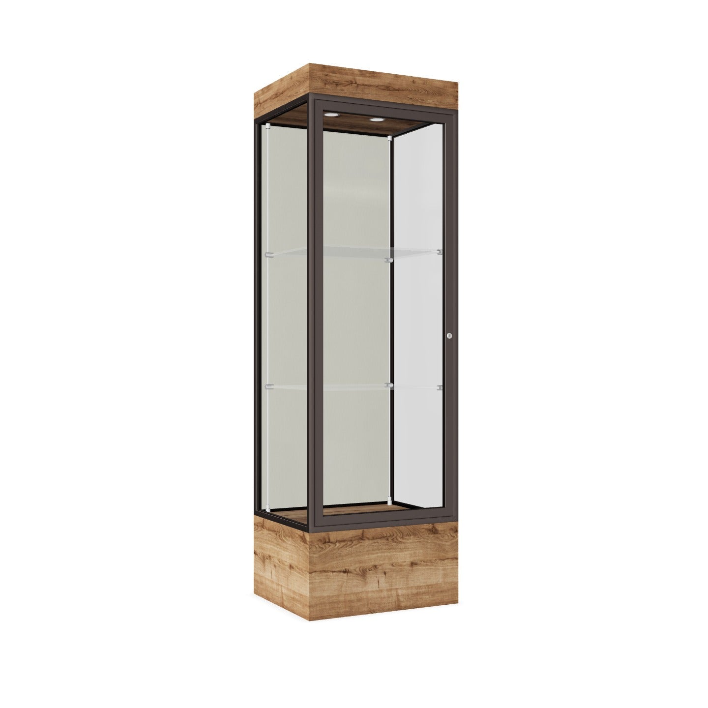 Ghent Edge Floor Display Case Lighted 12"H Laminate Base Finish, Aluminum Frame - 76"H x 24"W x 20"D (93LFXX)