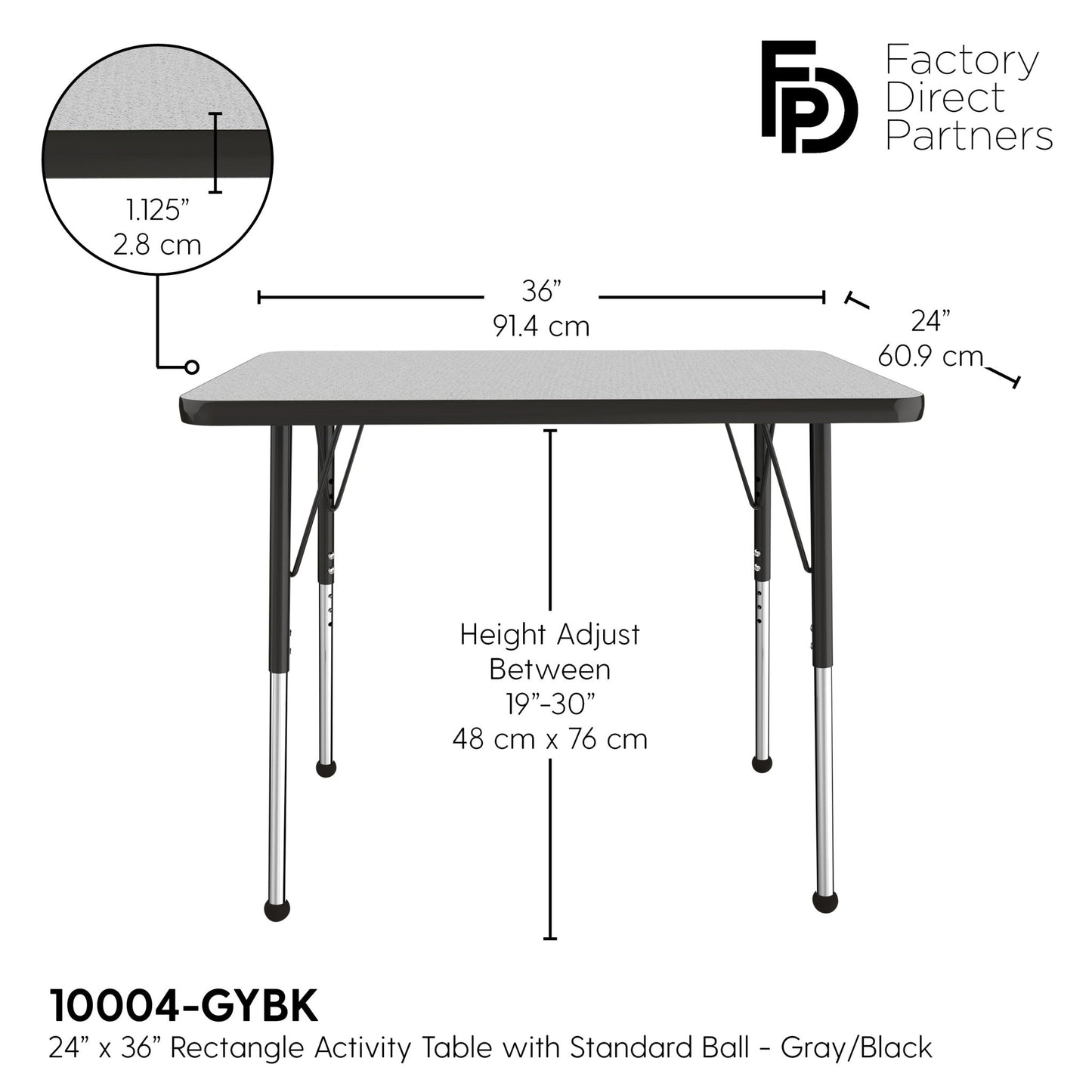 FDP 24" x 36" Rectangle T - Molding Activity Table with Adjustable Standard Ball Glide Legs (FDP - 10004 - XX) - SchoolOutlet