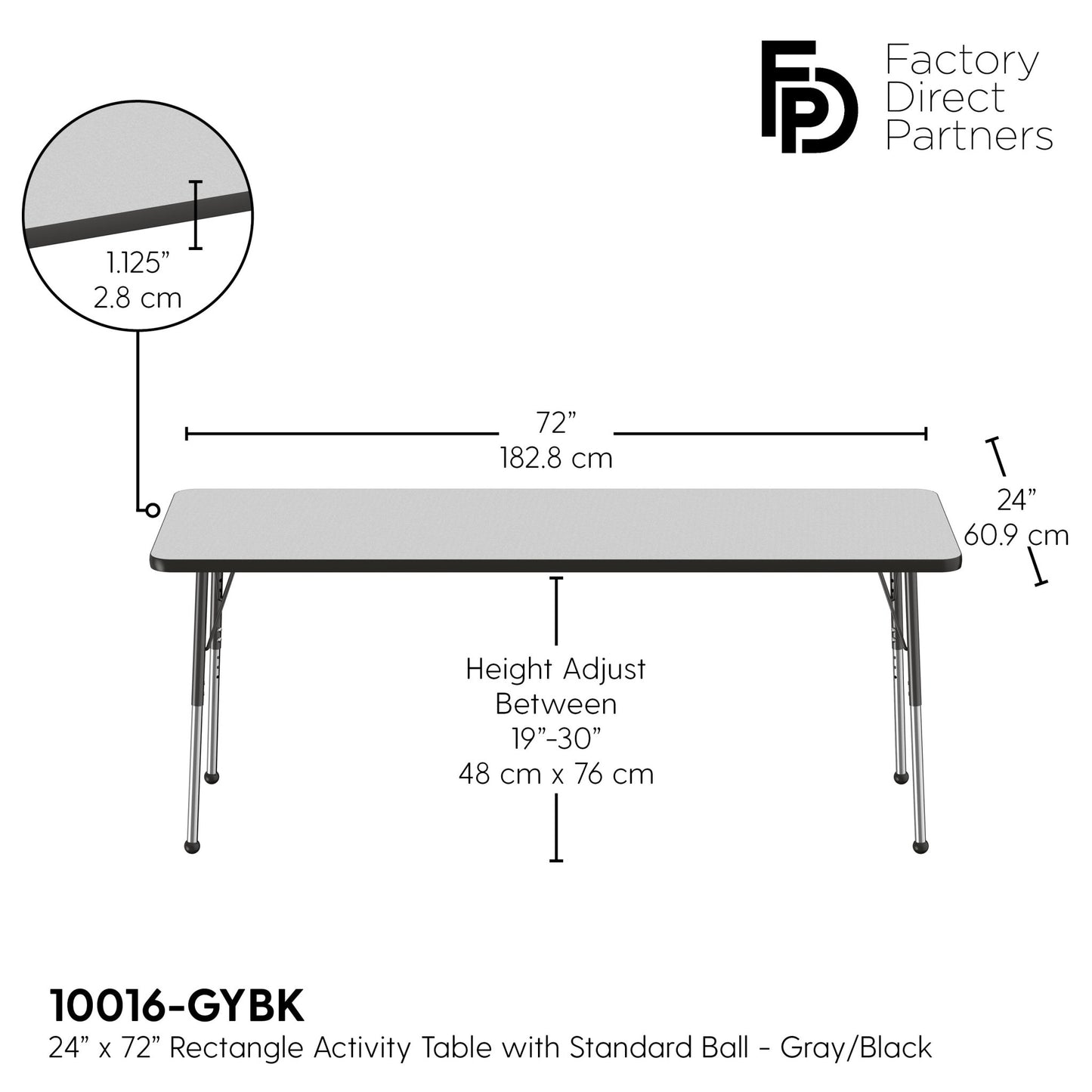 FDP 24" x 72" Rectangle T - Molding Activity Table with Adjustable Standard Ball Glide Legs (FDP - 10016 - XX) - SchoolOutlet
