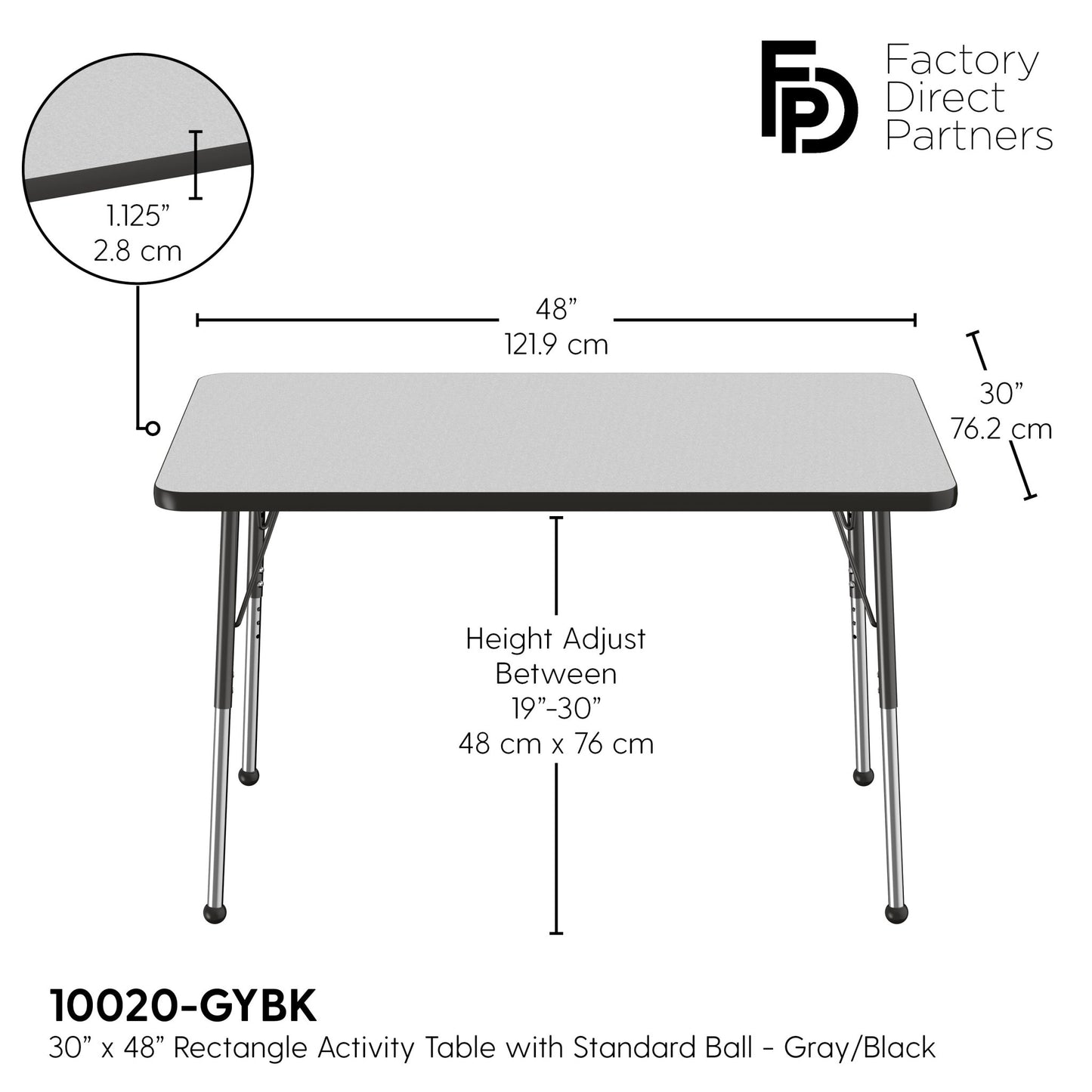 FDP 30" x 48" Rectangle T - Molding Activity Table with Adjustable Standard Ball Glide Legs (FDP - 10020 - XX) - SchoolOutlet