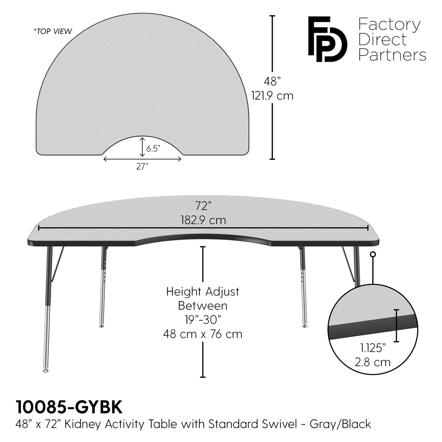 FDP 48" x 72" Kidney T - Molding Activity Table with Adjustable Standard Swivel Glide Legs (FDP - 10085 - XX) - SchoolOutlet