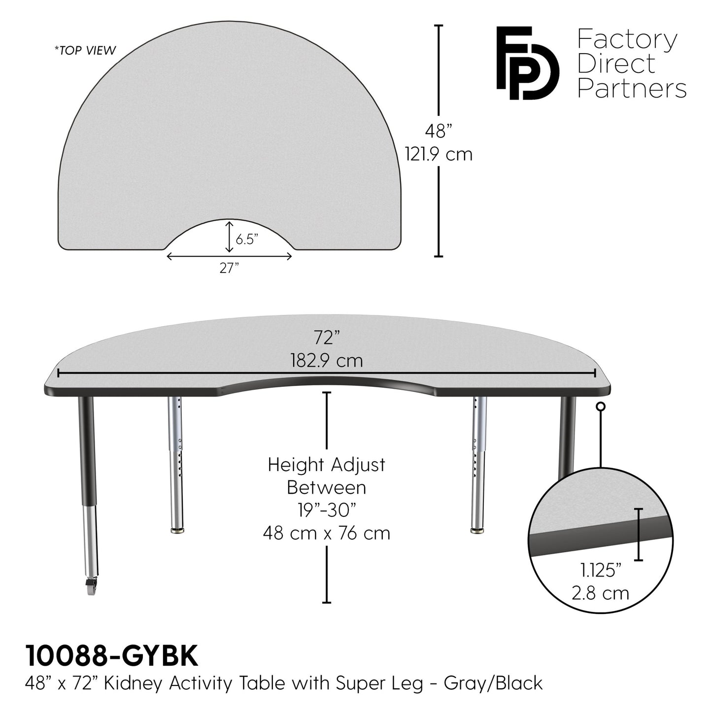 FDP 48" x 72" Kidney T - Molding Activity Table with Adjustable Super Legs (FDP - 10088 - XX) - SchoolOutlet