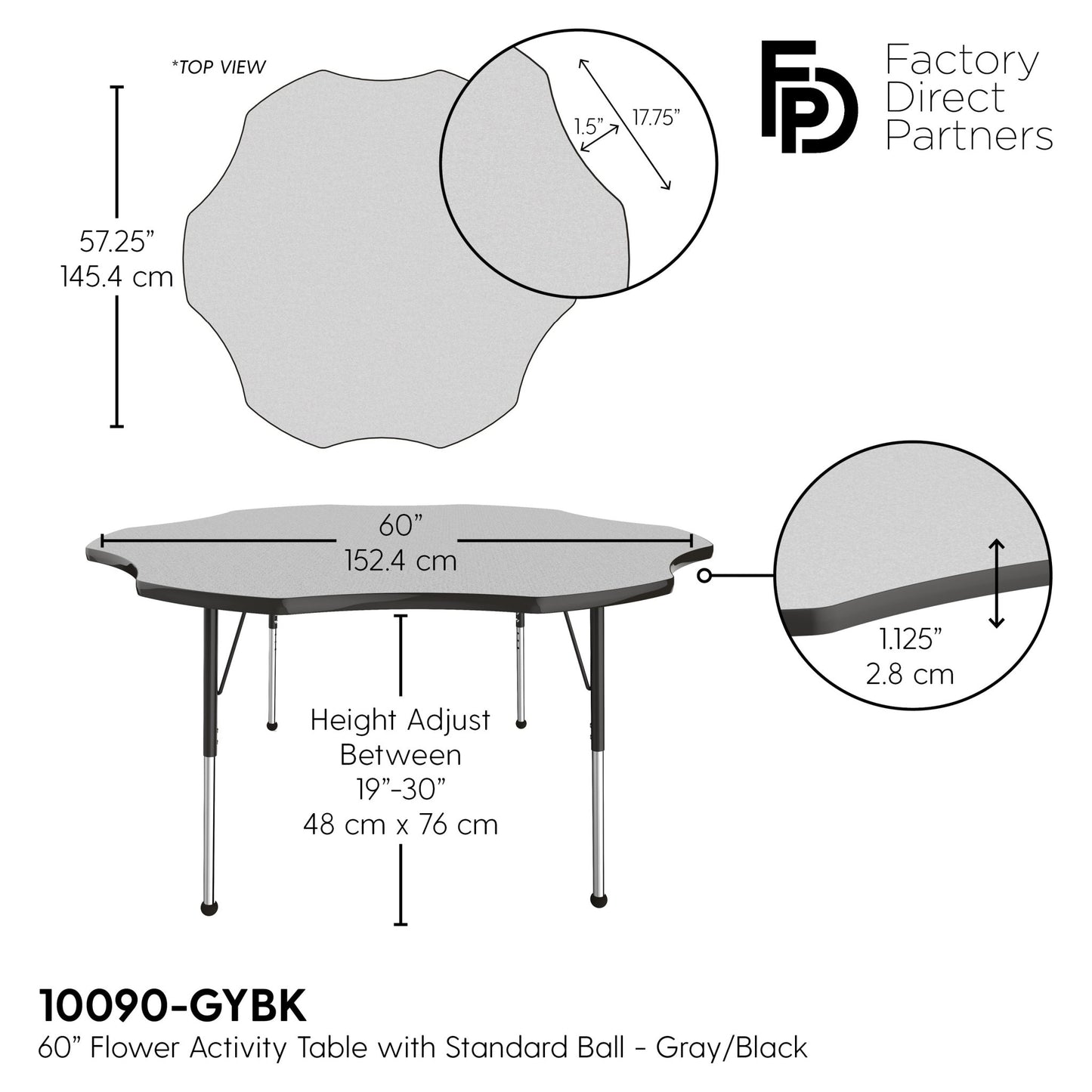 FDP 60" x 60" Flower T - Molding Activity Table with Adjustable Standard Ball Glide Legs (FDP - 10090 - XX) - SchoolOutlet