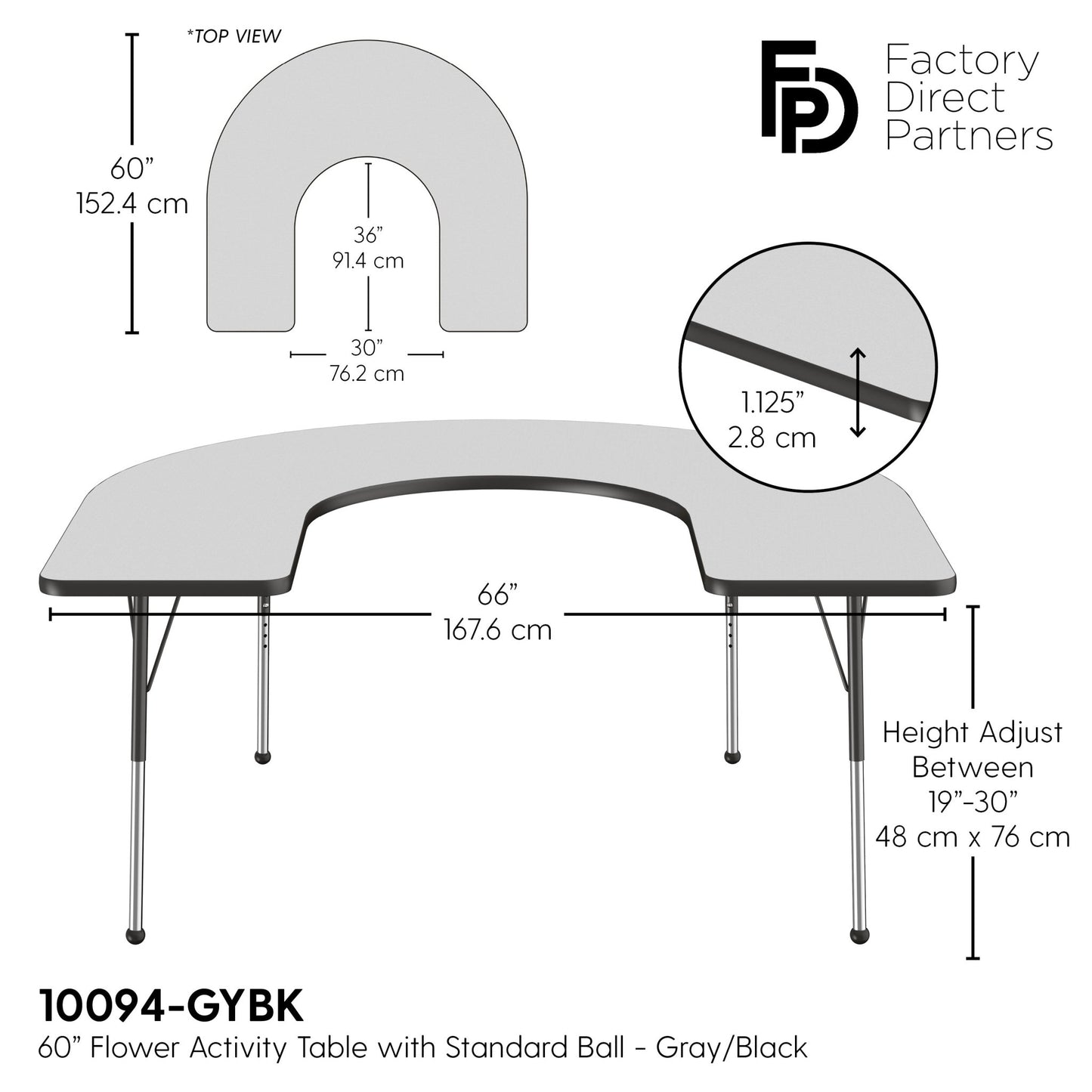 FDP 60" x 66" Horseshoe T - Molding Activity Table with Adjustable Standard Ball Glide Legs (FDP - 10094 - XX) - SchoolOutlet