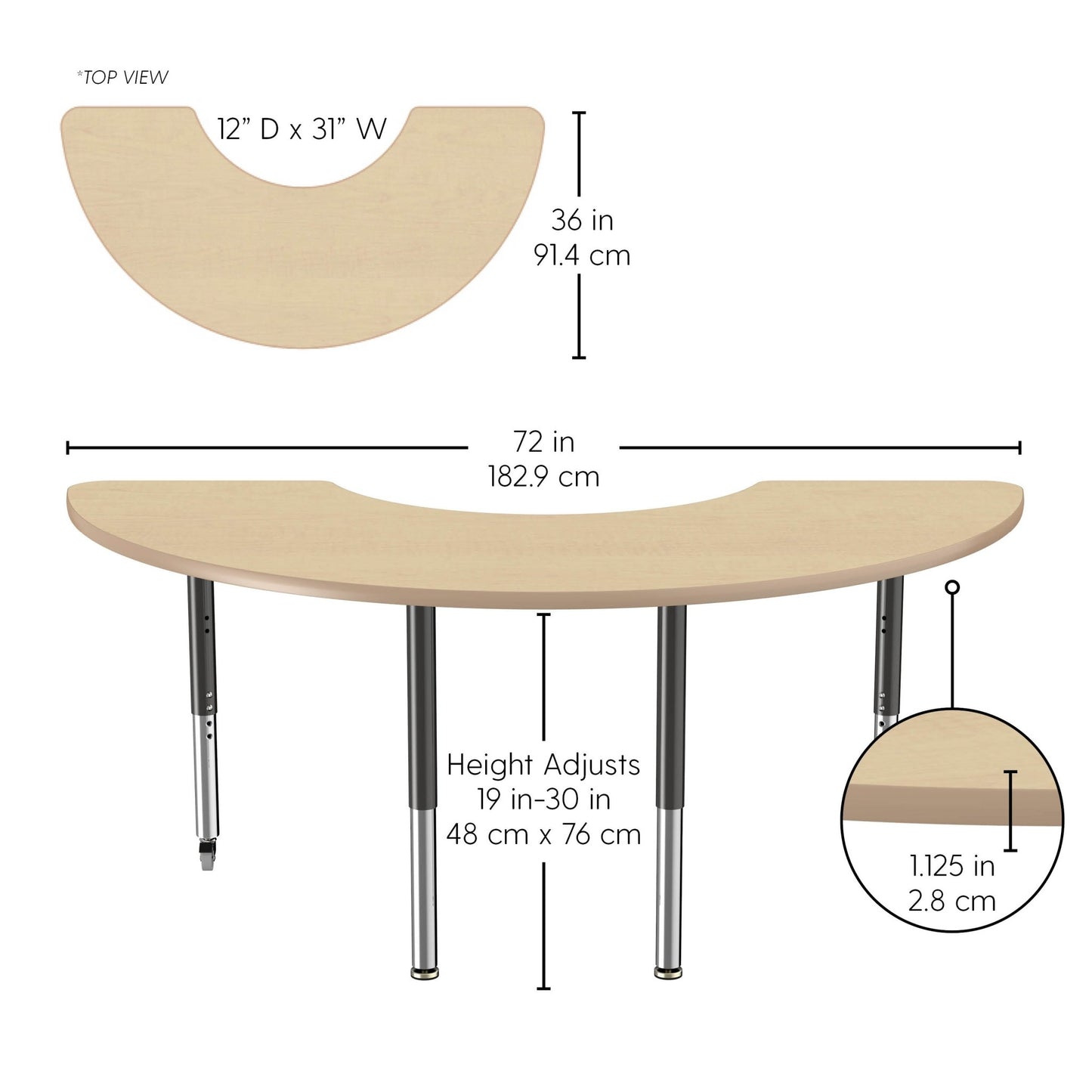 FDP 36" x 72" Half Moon La Madera Activity Table with Adjustable Super Legs (FDP - 13119 - XX) - SchoolOutlet