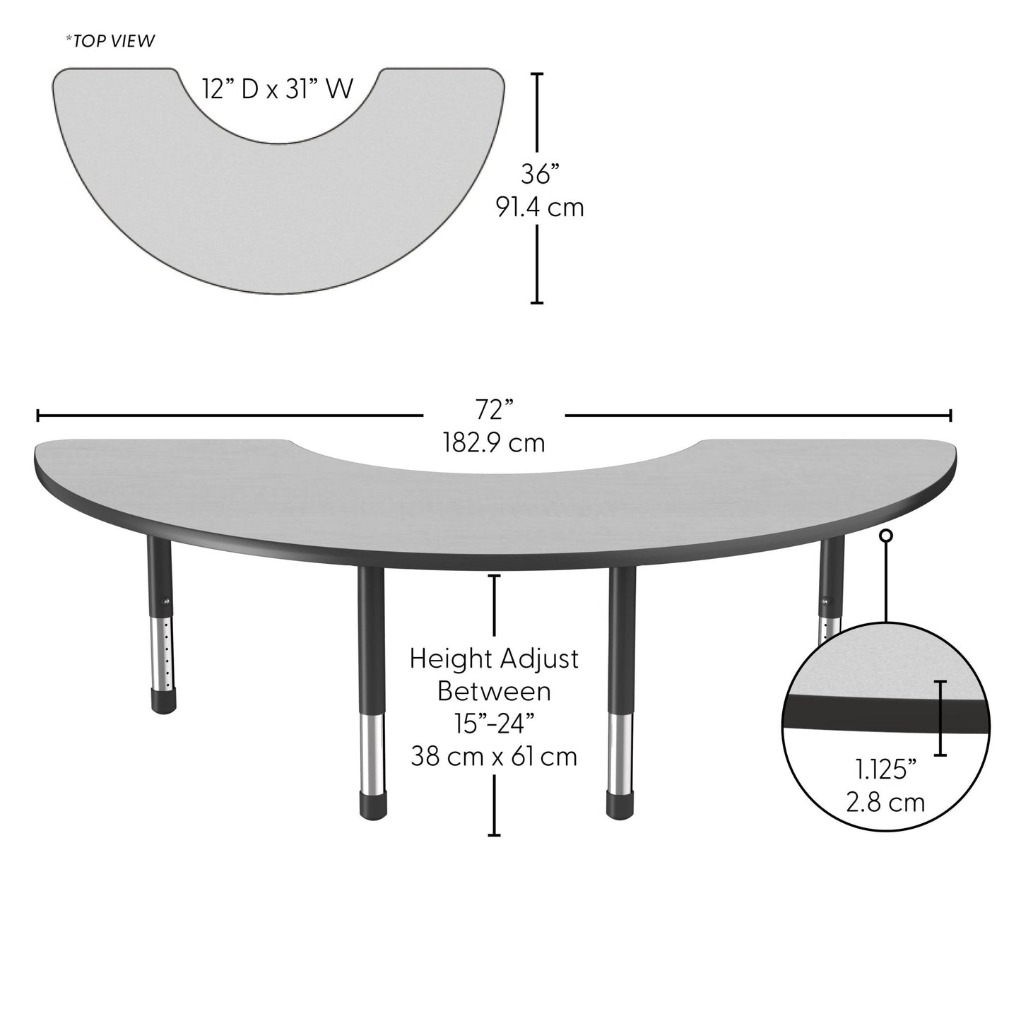 FDP 36" x 72" Half Moon Thermofused Activity Table with Adjustable Chunky Legs (FDP - 14785 - XX) - SchoolOutlet