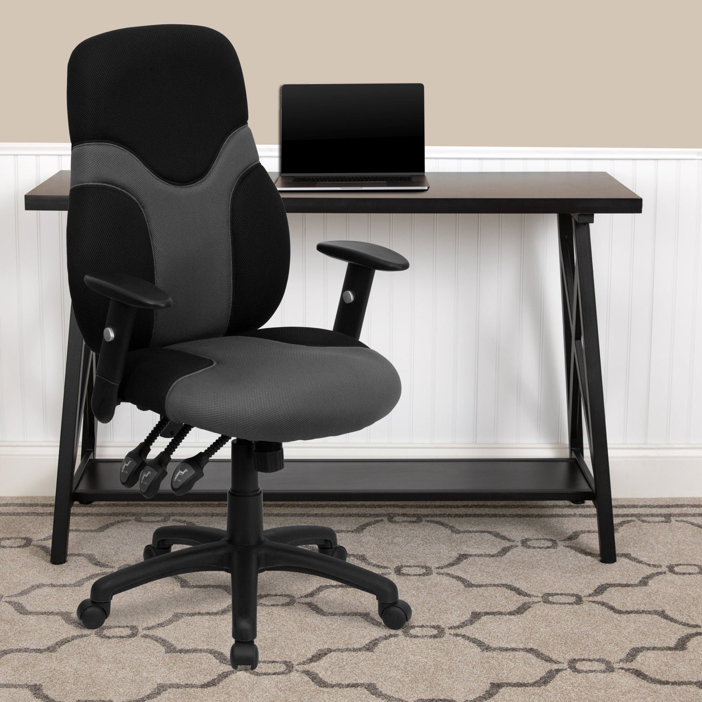 Abbott Swivel Task Office Chair with Adjustable Arms, High Black Back Ergonomic and Gray Mesh by Flash Furniture - SchoolOutlet