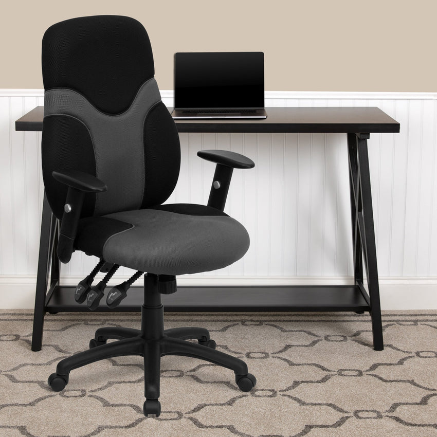 Abbott Swivel Task Office Chair with Adjustable Arms, High Black Back Ergonomic and Gray Mesh by Flash Furniture - SchoolOutlet