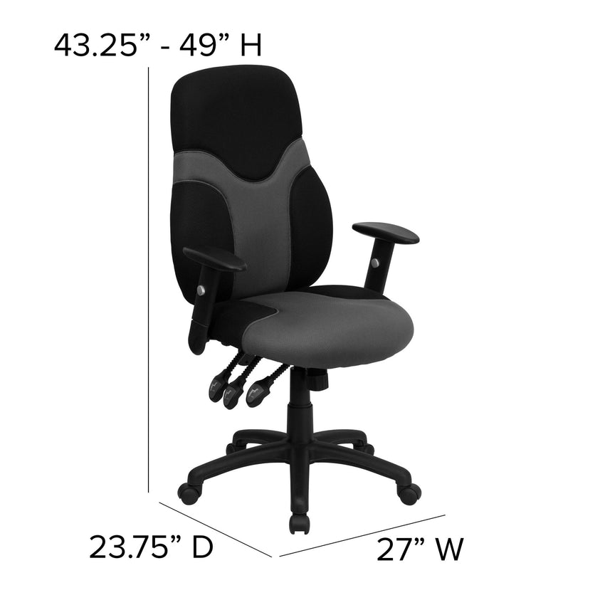 Abbott Swivel Task Office Chair with Adjustable Arms, High Black Back Ergonomic and Gray Mesh by Flash Furniture - SchoolOutlet