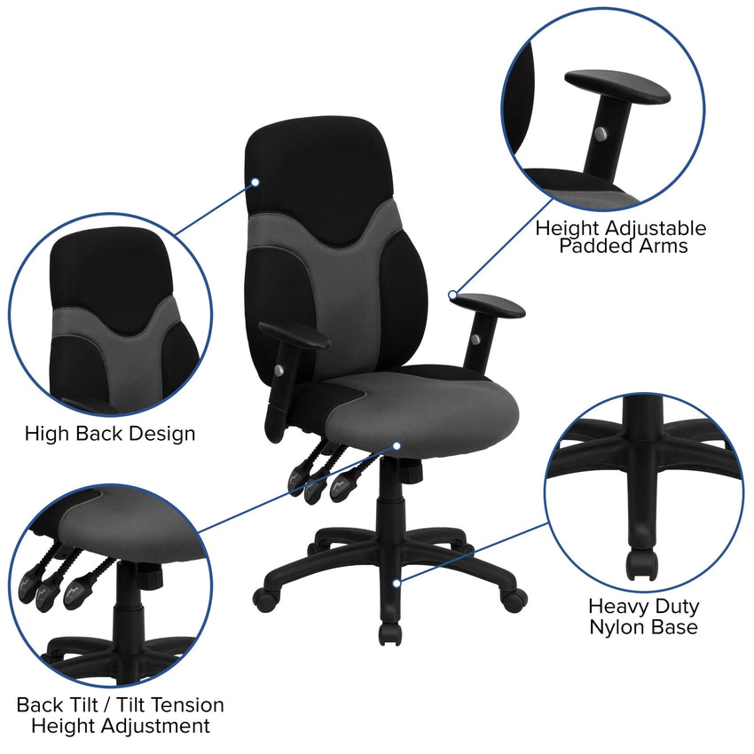 Abbott Swivel Task Office Chair with Adjustable Arms, High Black Back Ergonomic and Gray Mesh by Flash Furniture - SchoolOutlet
