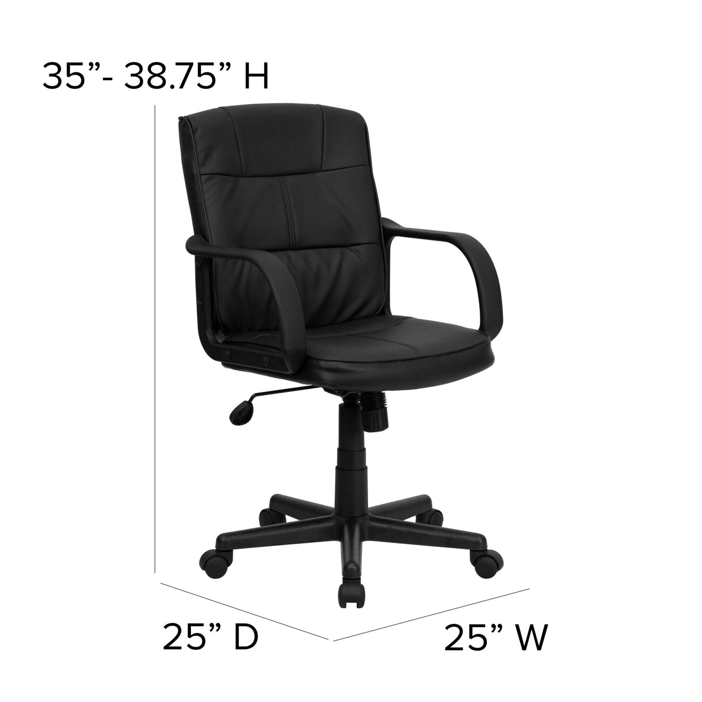 Rider Swivel Task Office Chair with Arms and Mid - Back Black, LeatherSoft by Flash Furniture - SchoolOutlet