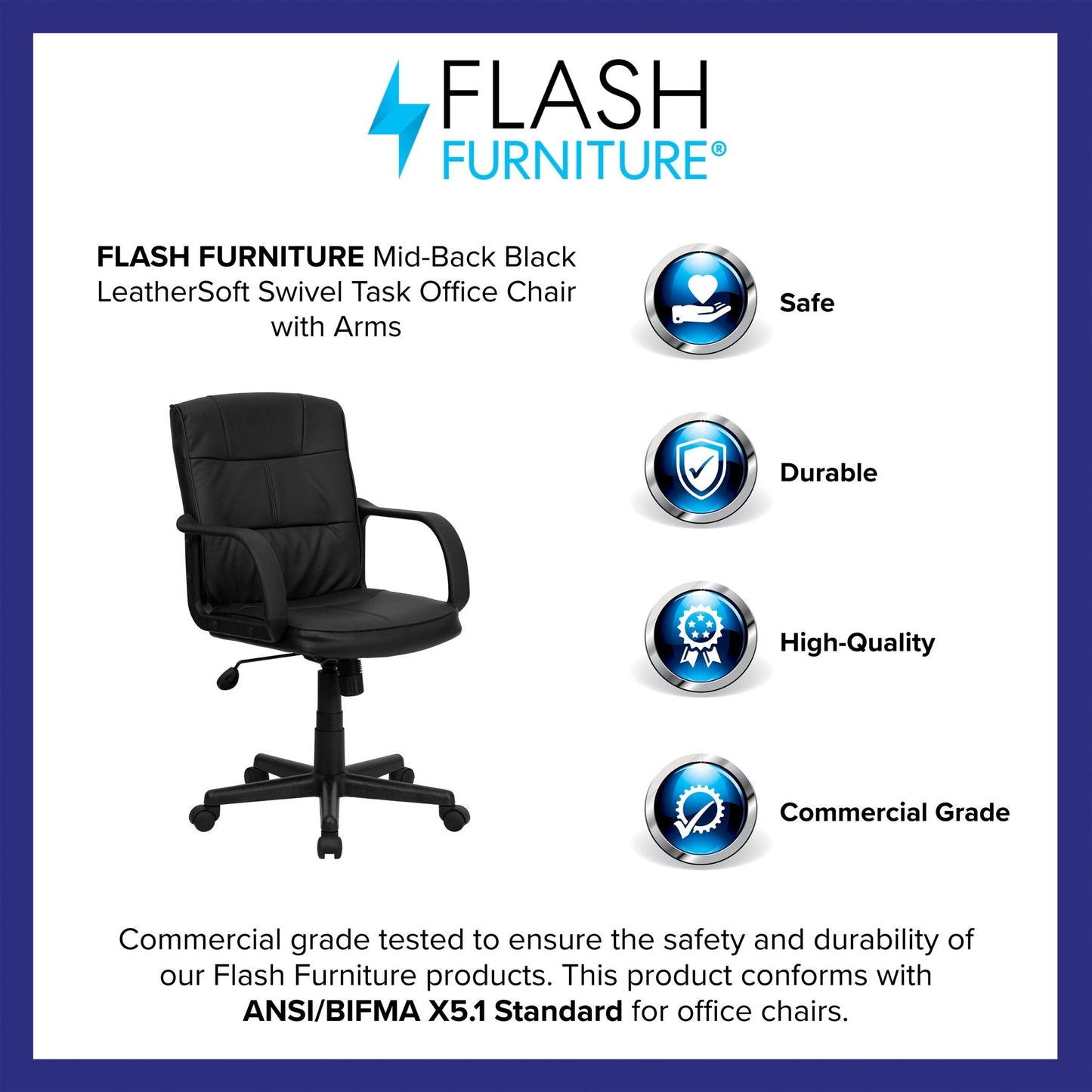 Rider Swivel Task Office Chair with Arms and Mid - Back Black, LeatherSoft by Flash Furniture - SchoolOutlet