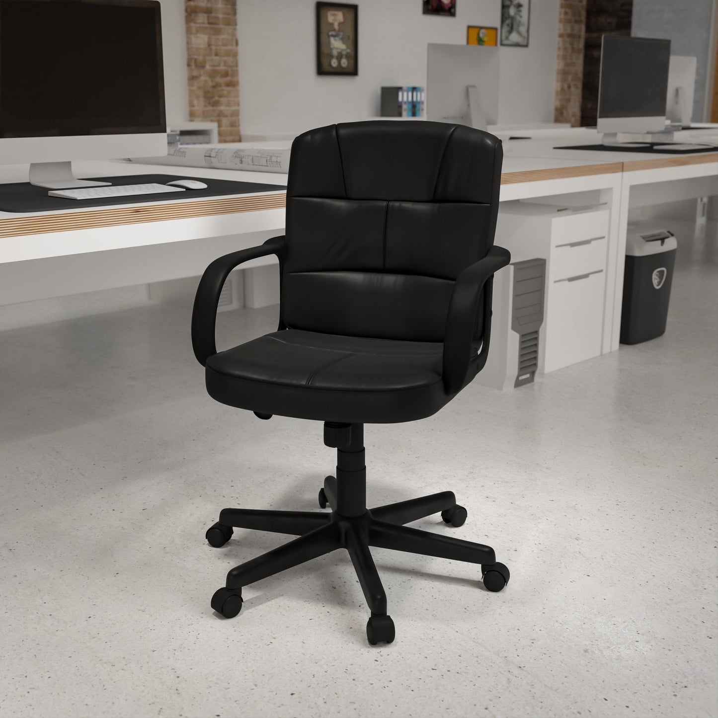 Rider Swivel Task Office Chair with Arms and Mid - Back Black, LeatherSoft by Flash Furniture - SchoolOutlet