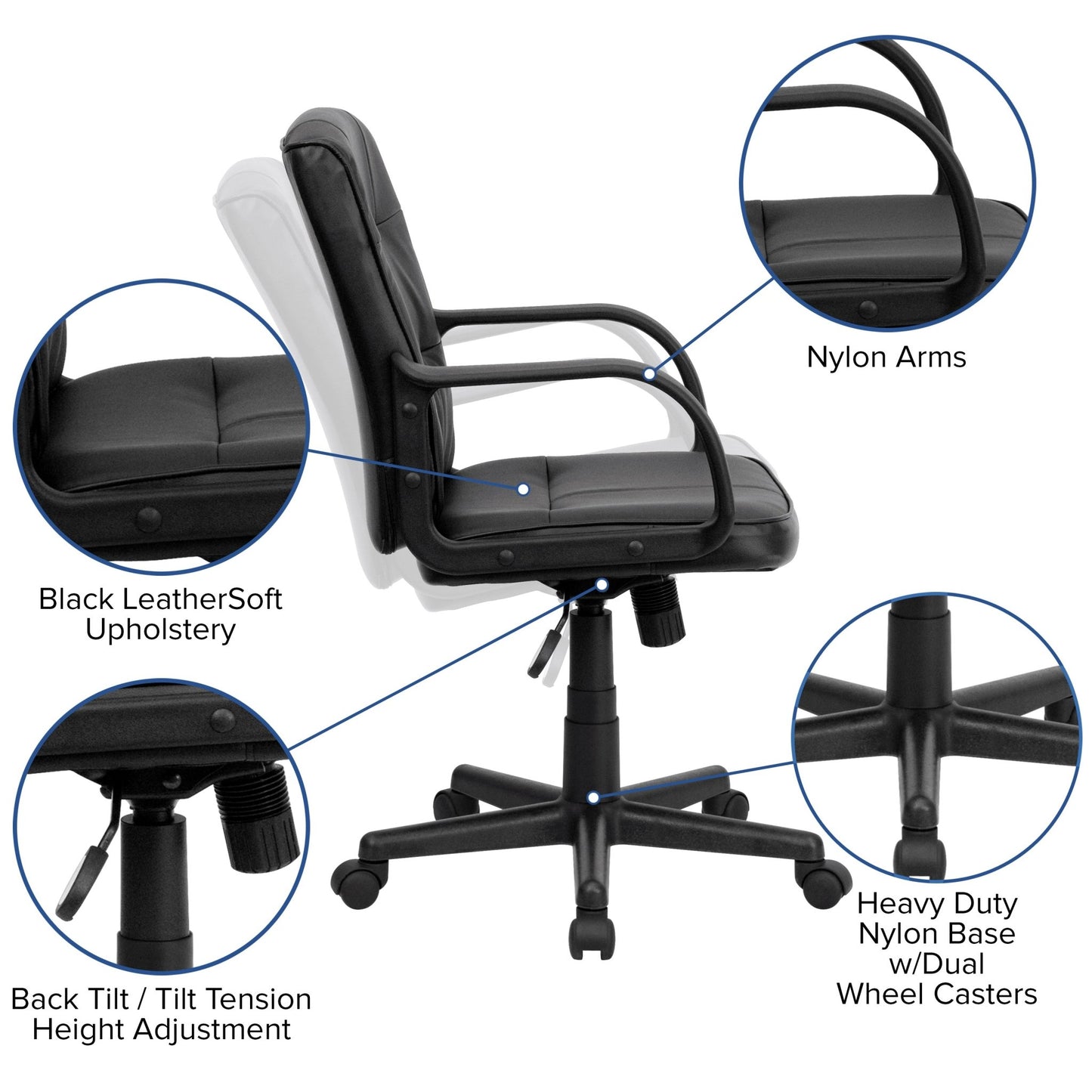 Rider Swivel Task Office Chair with Arms and Mid - Back Black, LeatherSoft by Flash Furniture - SchoolOutlet