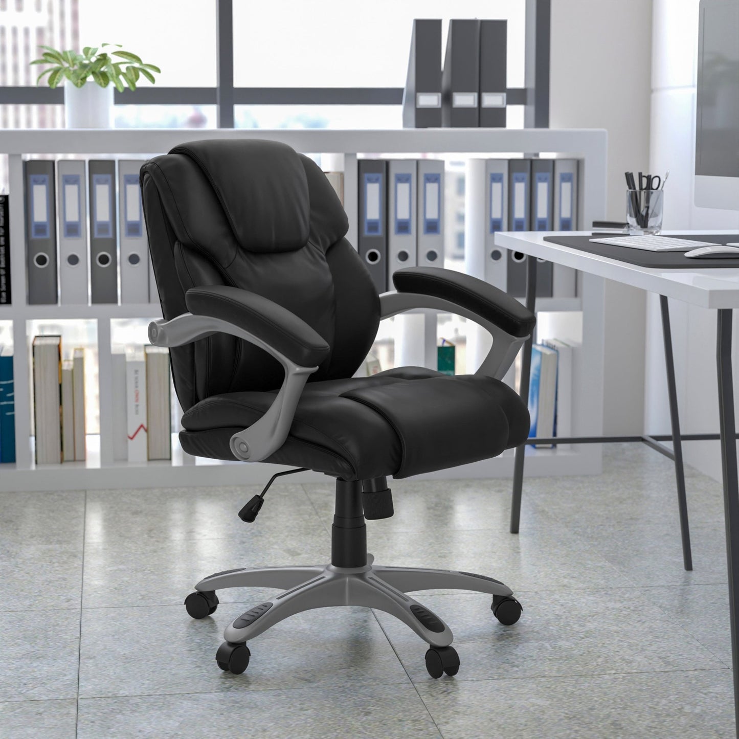 Heather Executive Swivel Ergonomic Office Chair with Mid - Back Black LeatherSoft, Silver Nylon Base and Arms by Flash Furniture - SchoolOutlet