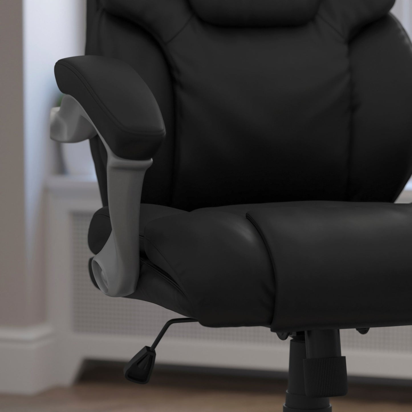Heather Executive Swivel Ergonomic Office Chair with Mid - Back Black LeatherSoft, Silver Nylon Base and Arms by Flash Furniture - SchoolOutlet