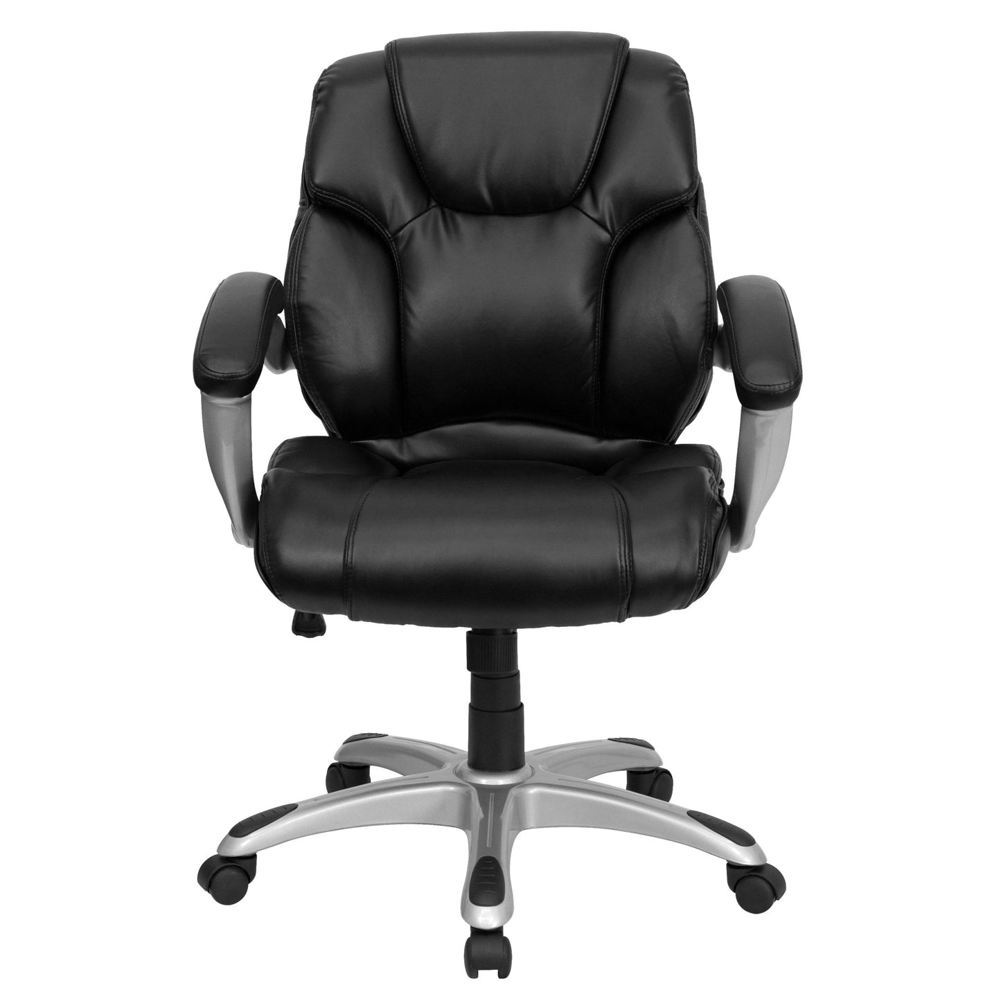 Heather Executive Swivel Ergonomic Office Chair with Mid - Back Black LeatherSoft, Silver Nylon Base and Arms by Flash Furniture - SchoolOutlet